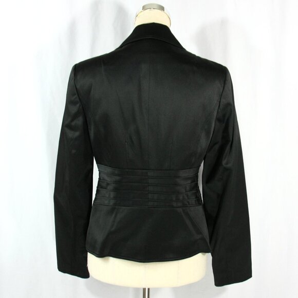 Sharagano Black Satin Notched Collar Blazer Jacket Leopard Print Lining 4 - Picture 7 of 9